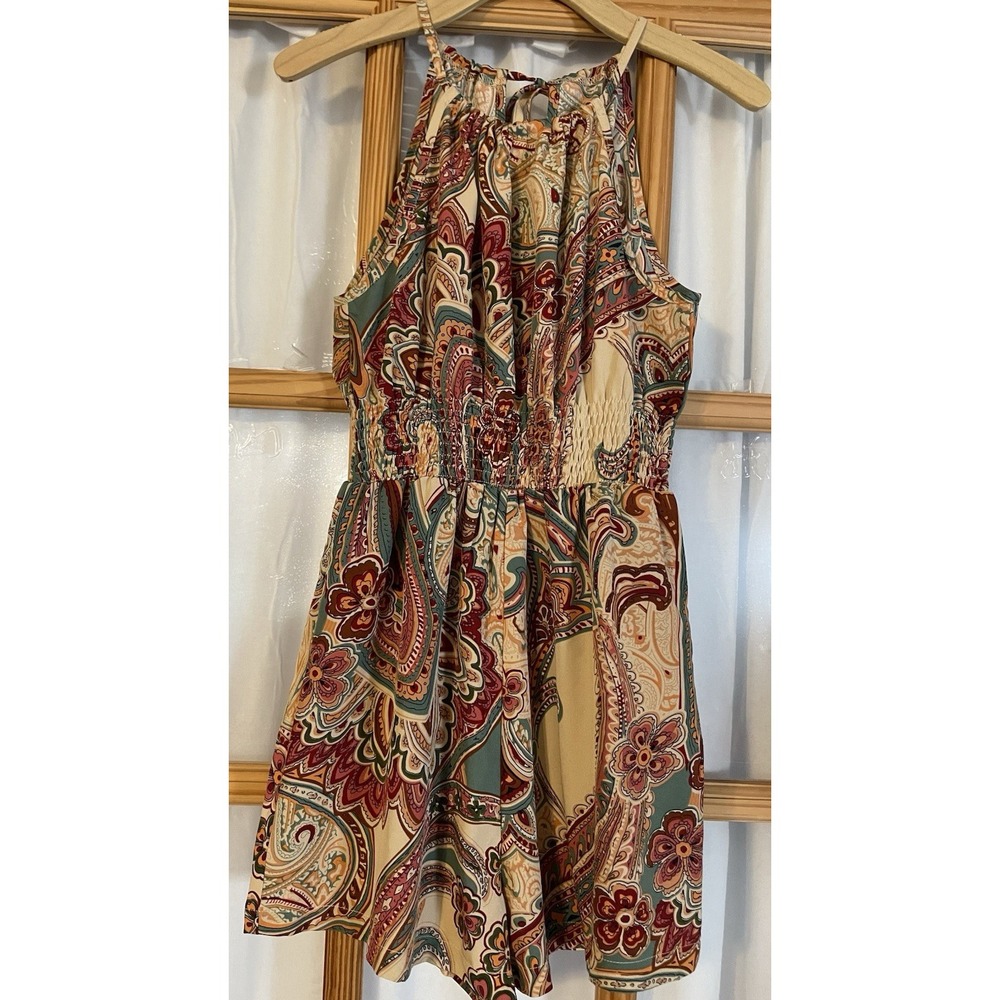 Paisley Floral Halter Neck Rompers Sz S Red Smocked Waist Sleeveless City Party